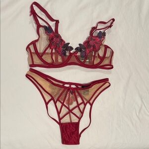 Honey Birdette Burgundy Floral Lace Bra Set